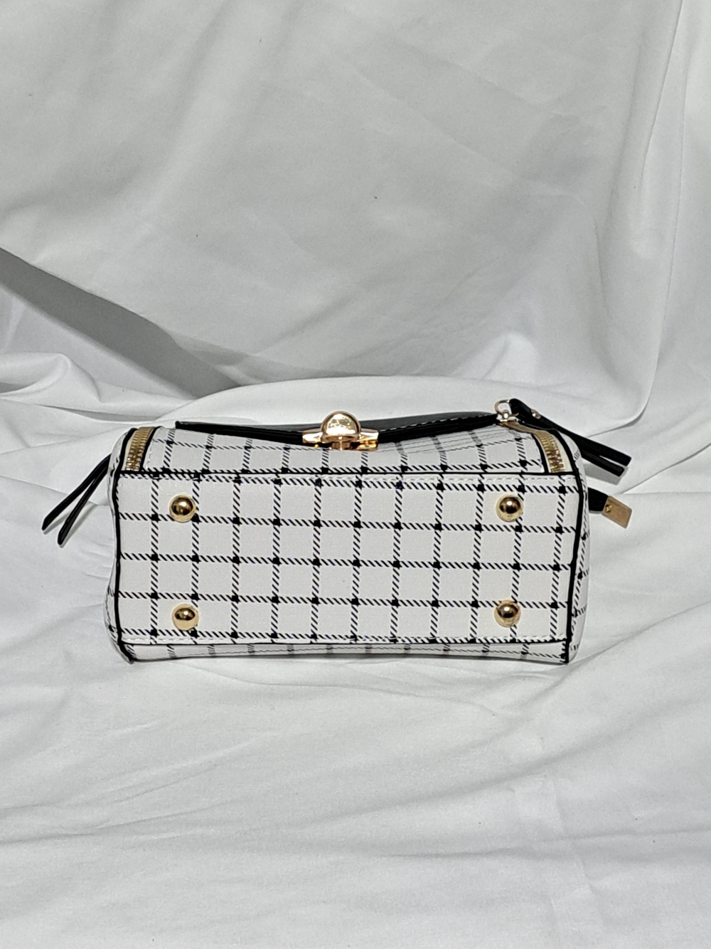 Plaid Black and White Top-Handle Satchel with Charm - Picture 4 of 16